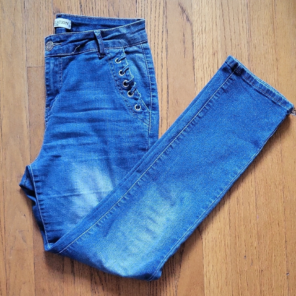 Revelation Blue Lace-Up Staight Jeans, Size 8
